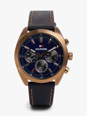 40MM Leather Strap Chronograph Watch, Navy