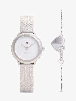 Shimmer Watch & Heart Bracelet Gift Set, Silver