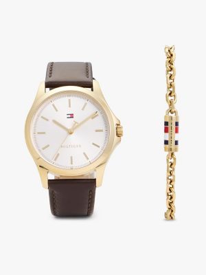 Leather Watch & Chain Bracelet Gift Set, Gold