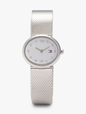 25MM Oval Crystal Accent Mesh Watch, Silver