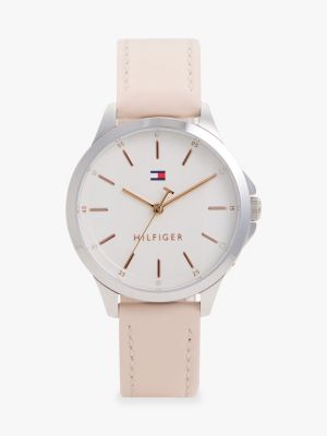 34MM Leather Strap Watch, Silver White