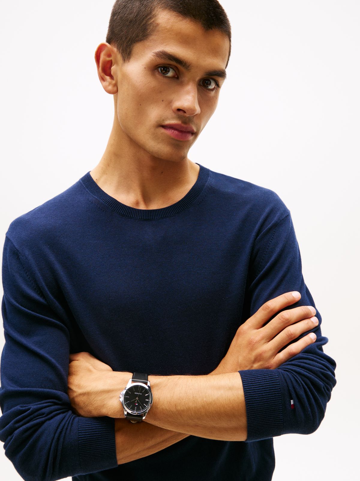 43MM Leather Strap Sport Watch — Black