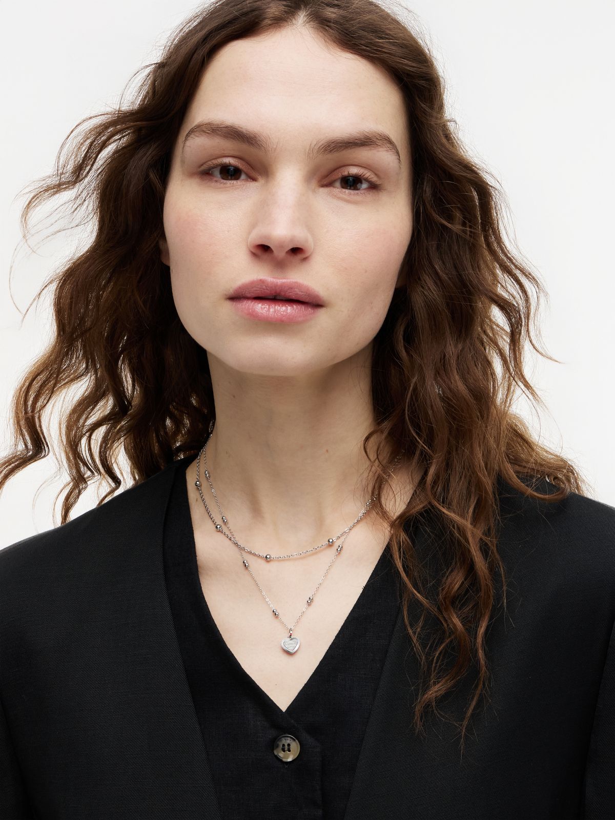 Heart Charm Double-Layered Necklace — Silver