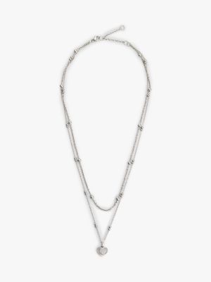 Heart Charm Double-Layered Necklace, Silver