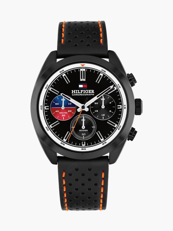 40MM Leather Strap Chronograph Watch — Black