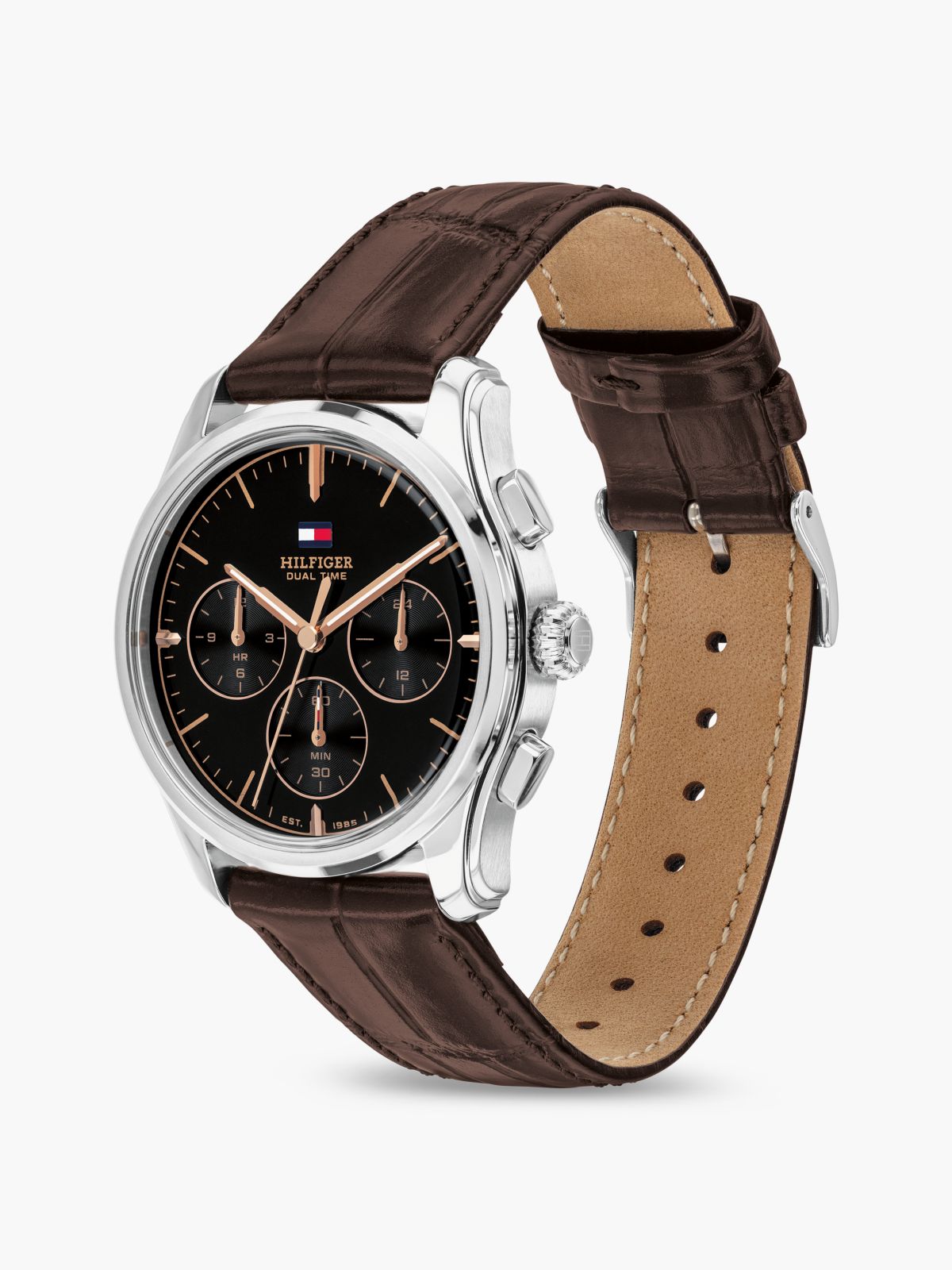 38MM Leather Strap Dual-Time NYC Watch — Black