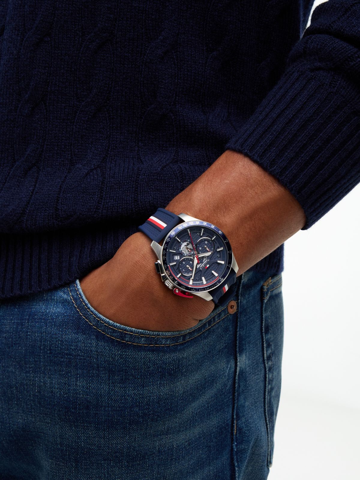 44MM Silicone Strap Chronograph Watch — Navy