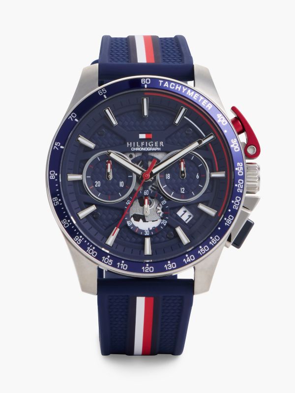44MM Silicone Strap Chronograph Watch — Navy