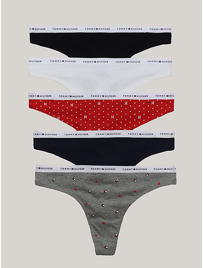 Tommy Hilfiger Women's Soft Stretch Cotton Thongs Panties Underwear 3-Pack  - Navy/Red/White Tommy Print