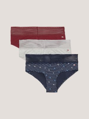 Tommy Hilfiger Women's Ruched Back Lace Cheeky Briefs 3-Pack - Heart Flags  Grey/Red/Navy