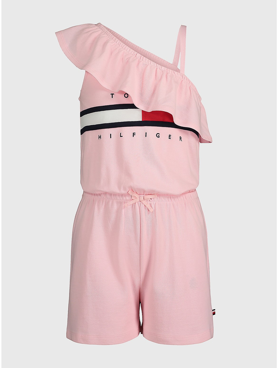 Tommy Hilfiger Girls' Big Kids' One-Shoulder Flag Stripe Logo Romper - Pink - L