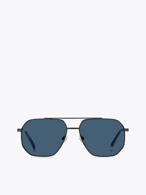 Geometric Navigator Frame Sunglasses, Dark Ruthenium / Blue Lens