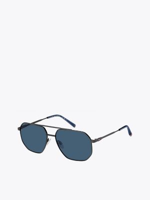 Geometric Navigator Frame Sunglasses, Dark Ruthenium / Blue Lens