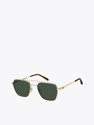Navigator Frame Sunglasses, Gold / Green Lens