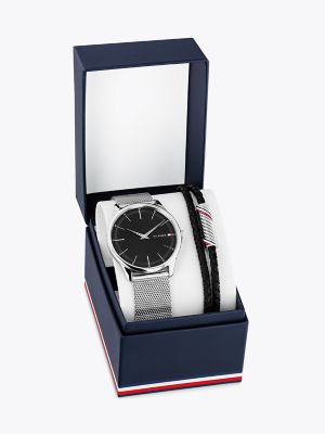 Mesh Watch and Leather Bracelet Gift Set, Black