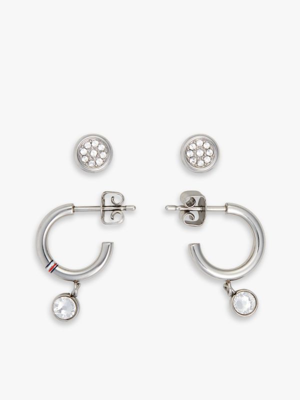 Crystal Accent Hoop & Stud Earring Set — Silver
