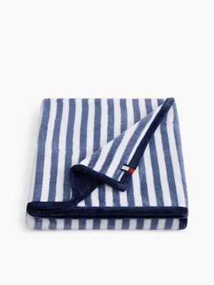 Plush Blue Striped Blanket, White/Deep Blue