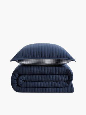 Solid and Check Print Comforter Set, Navy / White