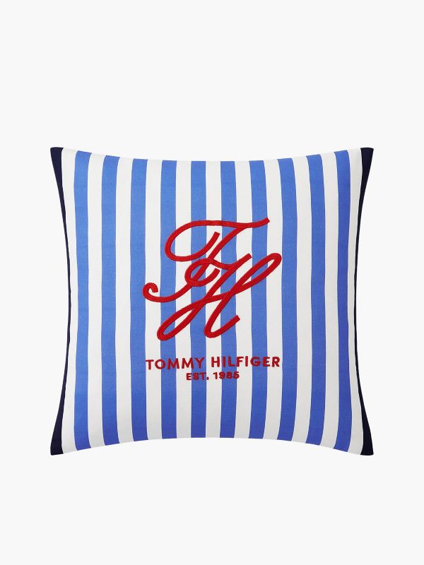 Striped TH Monogram Logo Pillow — Ultra Blue/Red