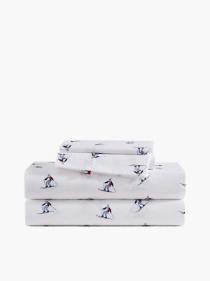 Allover Skier Print Sheet Set, White/Blue