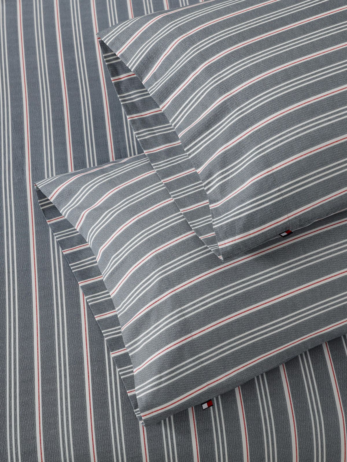 Grey Striped Sheet Set — Deep Blue / Classic Red