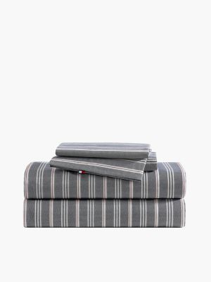 Grey Striped Sheet Set, Deep Blue / Classic Red