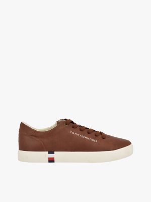 Metallic Logo Pebbled Court Sneaker, Cognac