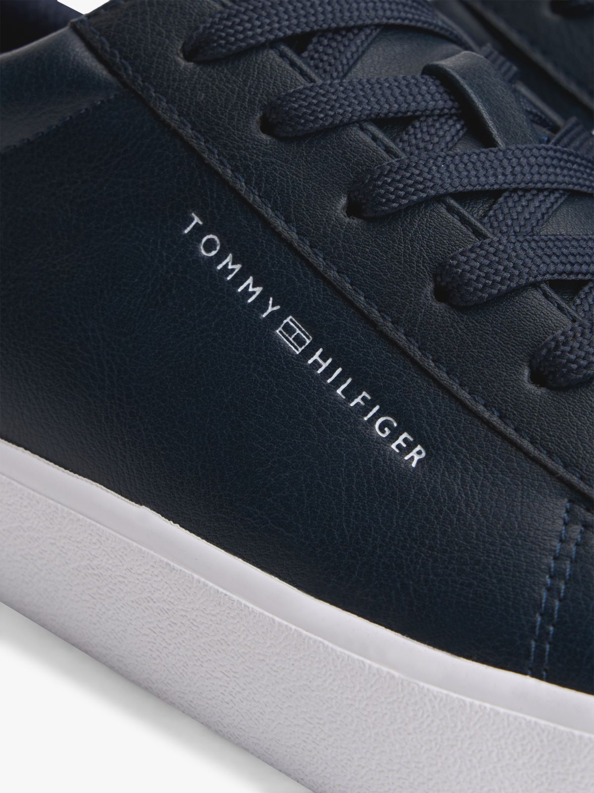 Metallic Logo Pebbled Court Sneaker — Navy