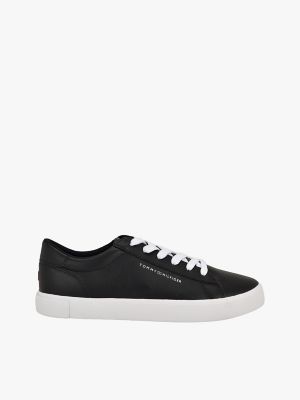 Metallic Logo Pebbled Court Sneaker, Black / White