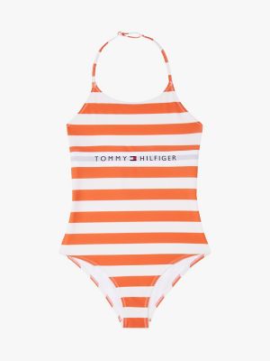 Kids' Stripe Halter Swimsuit, Breton Stripe / Brilliant Orange