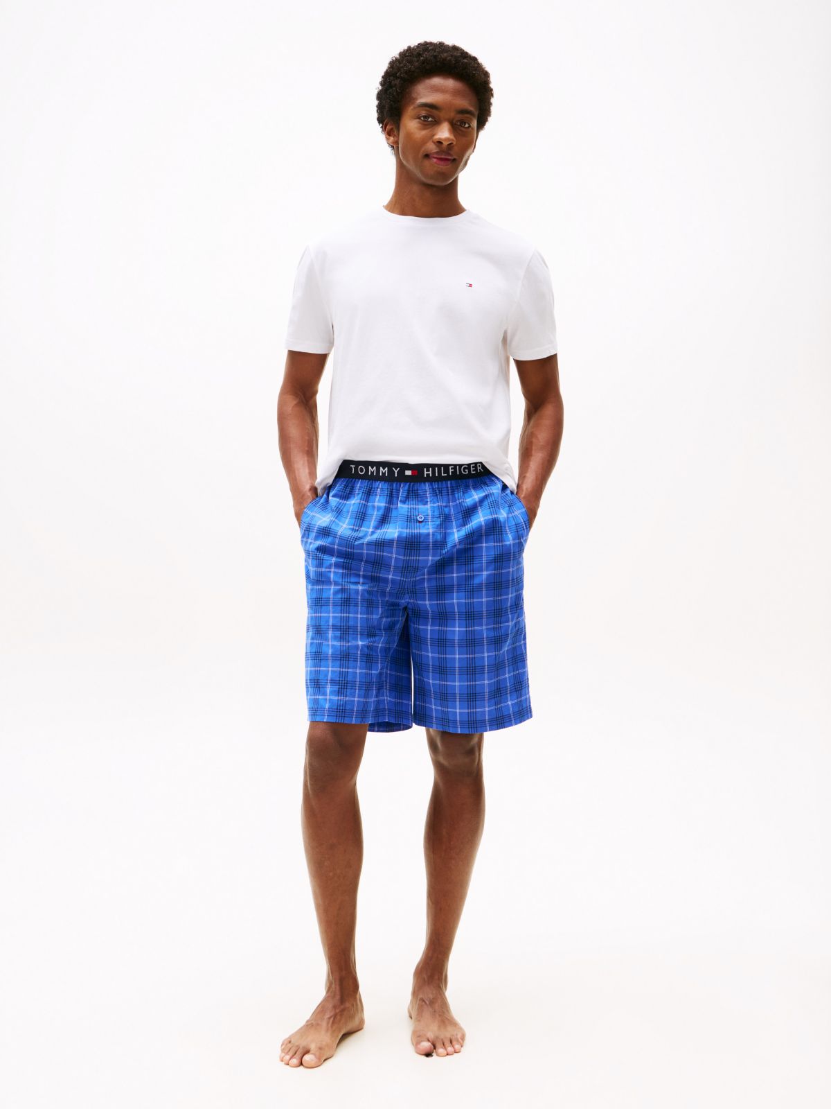 T-Shirt & Woven Short Sleep Set — White / Grid Plaid