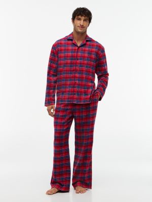 Plaid Flannel Shirt & Pant Sleep Set, Check Global Stp Medium Red