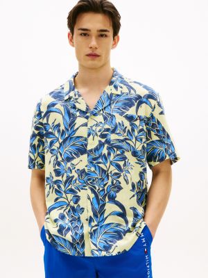 Lightweight Cabana Shirt, Vintage Tropical Floral Yellow Multi