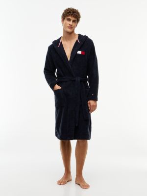 Hooded Toweling Bathrobe, Navy Blue