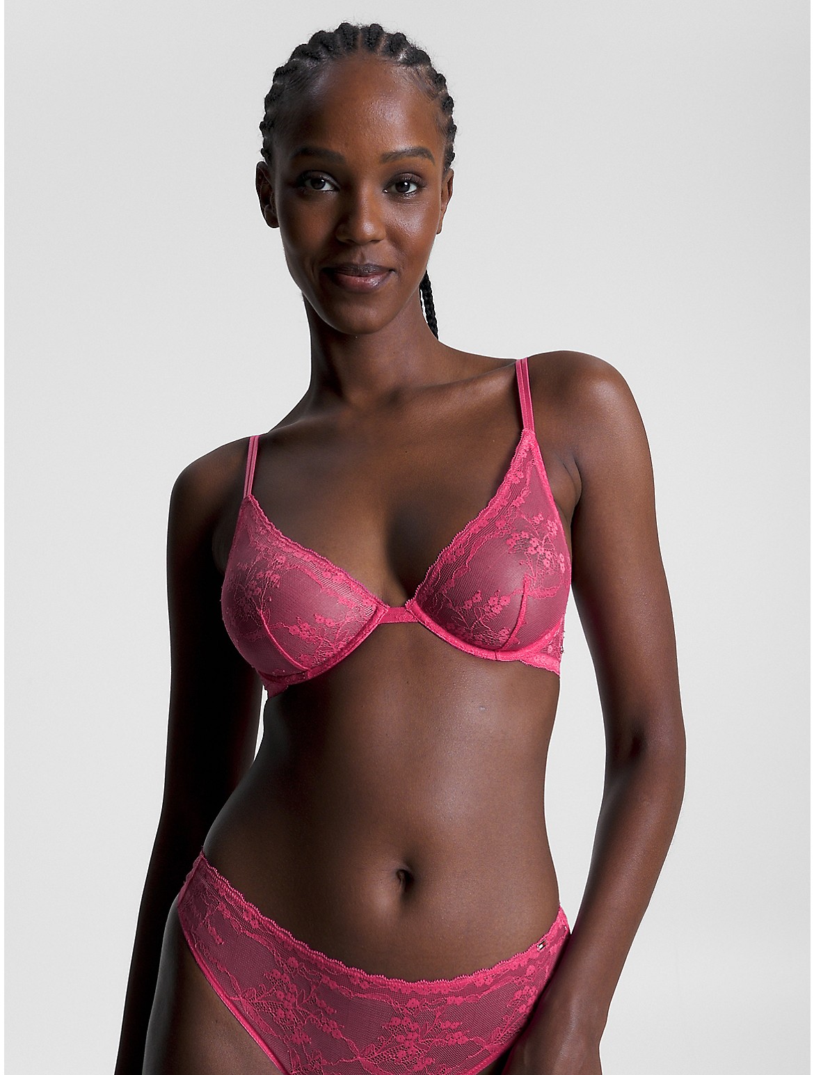 Tommy Hilfiger Floral Lace Plunge Triangle Bra In Hot Magenta