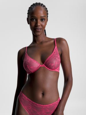 Floral Lace Plunge Triangle Bra, Hot Magenta