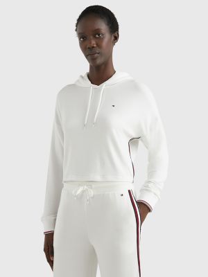 Cropped Logo Stripe Lounge Hoodie, Ecru