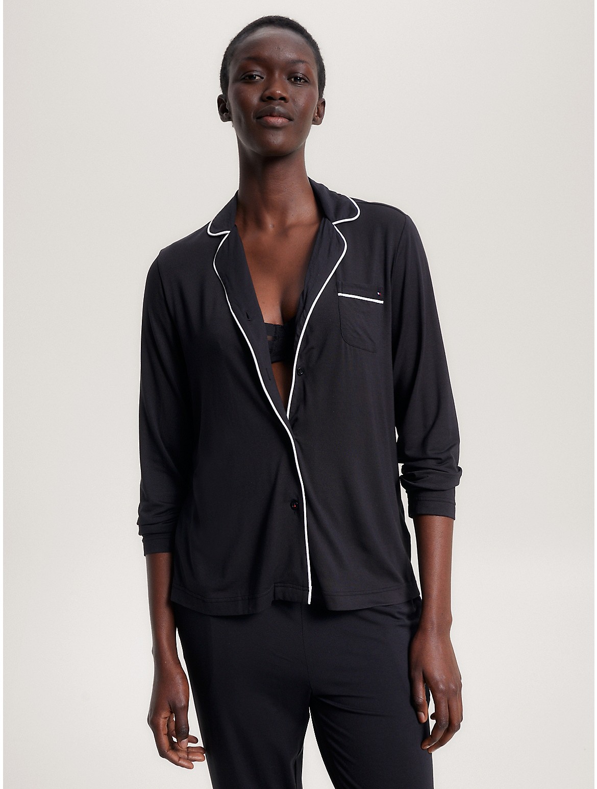 Tommy Hilfiger Women's Piped Trim Pajama Shirt - Black - S