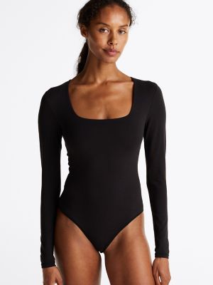 Square-Neck Long-Sleeve Bodysuit, Black