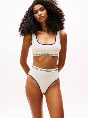 Brassière côtelée en coton extensible à logo, ivoire