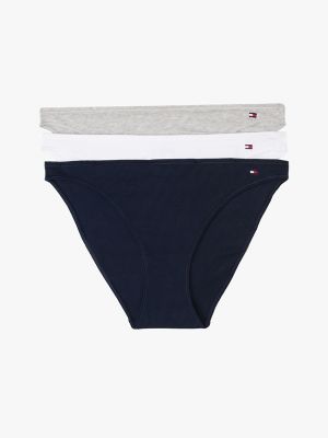 Dipped-Waist Bikini 3-Pack, Light Grey Heather / Navy Rib / White