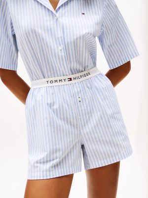 Linen-Blend Shirt & Short Sleep Set, Multi Stripes Blue Spell