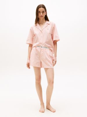 Linen-Blend Shirt & Short Sleep Set, Multi Stripe Brilliant Orange