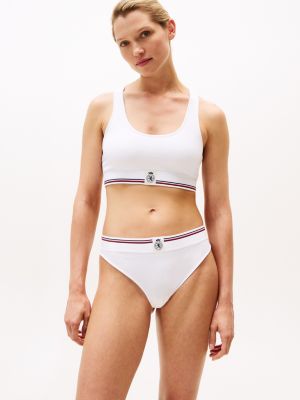 Crest Logo Rib Knit Thong, White