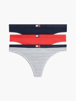 Flag Logo Stretch-Cotton Thong 3-Pack, Blue Stripe / Cherry / Navy