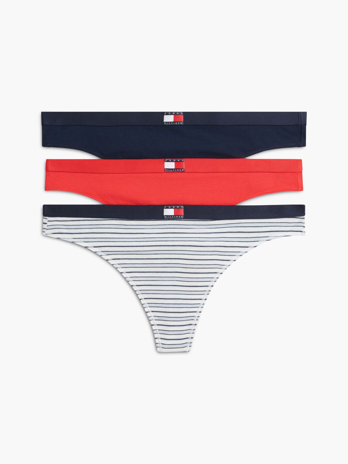 Flag Logo Stretch-Cotton Thong 3-Pack — Blue Stripe / Cherry / Navy