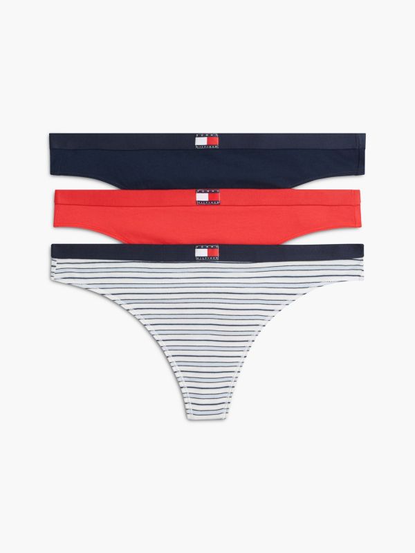 Flag Logo Stretch-Cotton Thong 3-Pack — Blue Stripe / Cherry / Navy