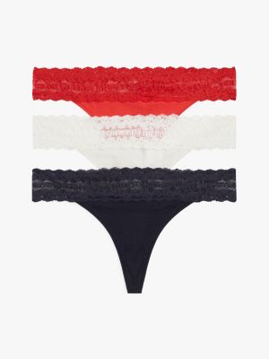 Lace-Trim Thong 3-Pack, Firework/Ivory/Navy