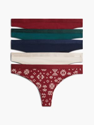 Stretch-Cotton Thong 5-Pack, Nvy/O Green/Fairisle/Rouge/C Creme