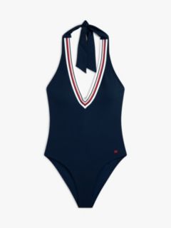 Signature Stripe Plunge Halter Swimsuit — Navy 5